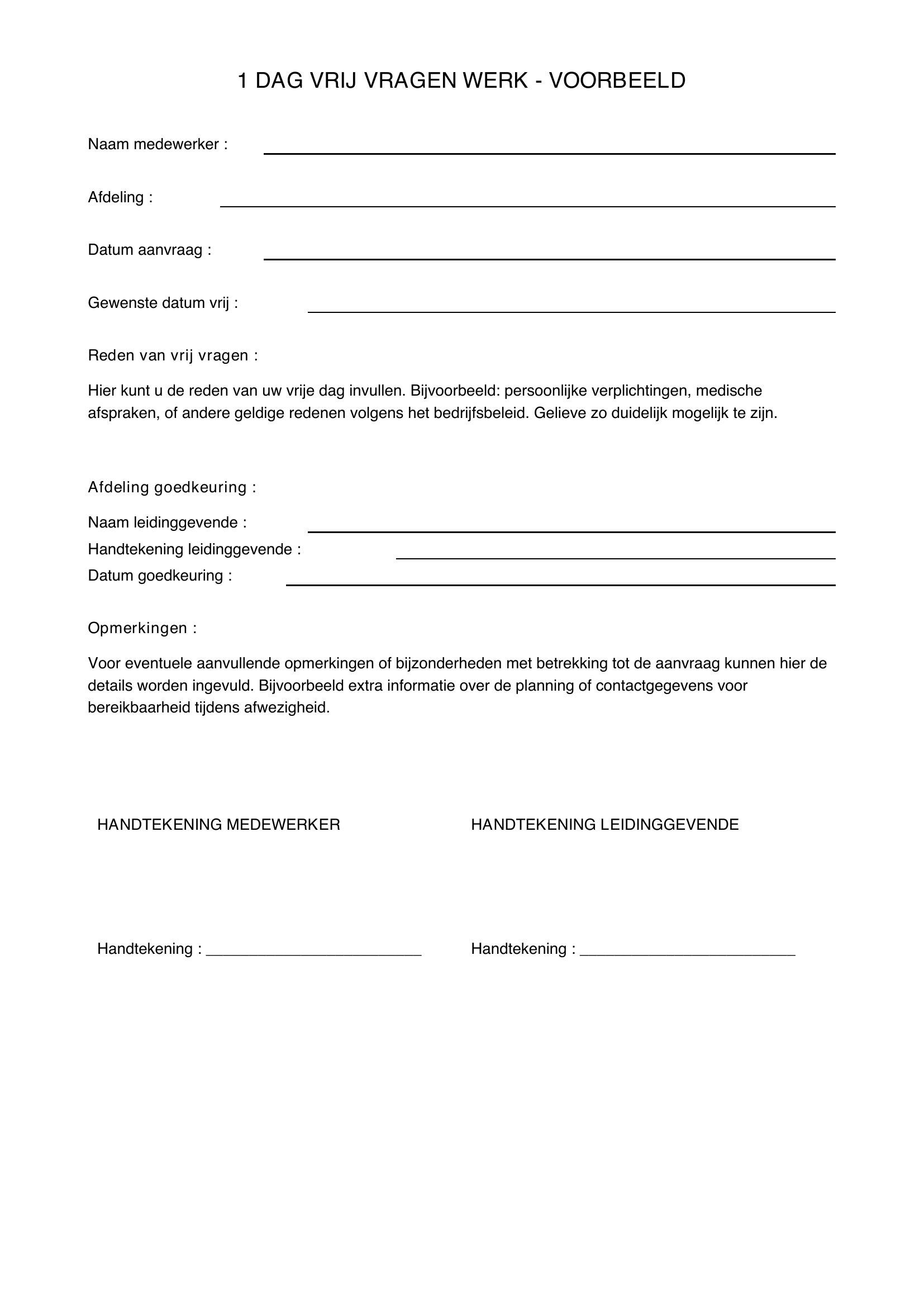 1 Dag Vrij Vragen Werk Voorbeeld