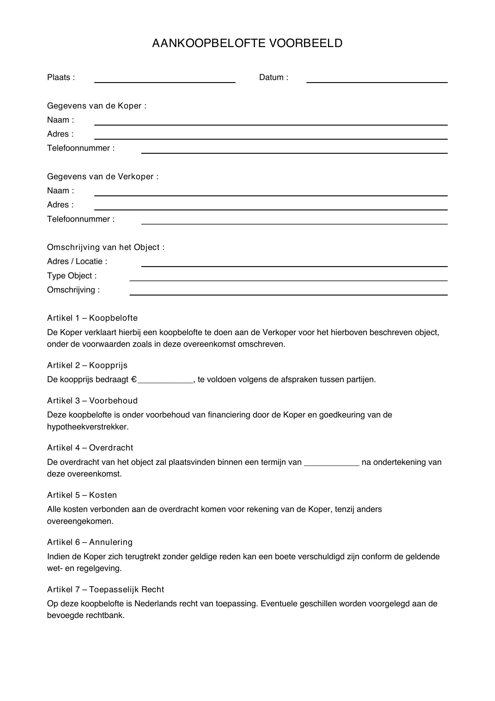 Aankoopbelofte Voorbeeld