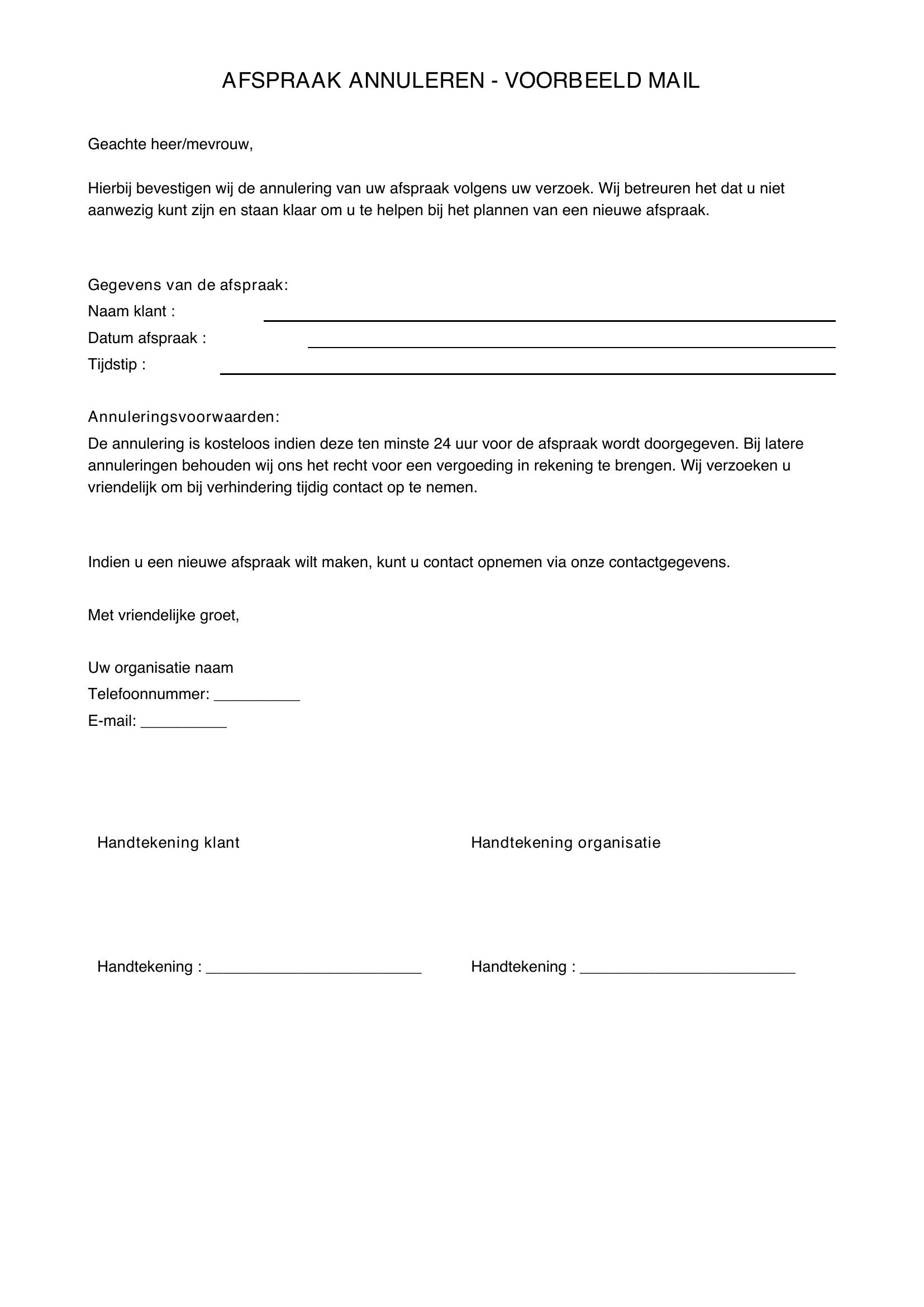 Afspraak Annuleren Voorbeeld Mail