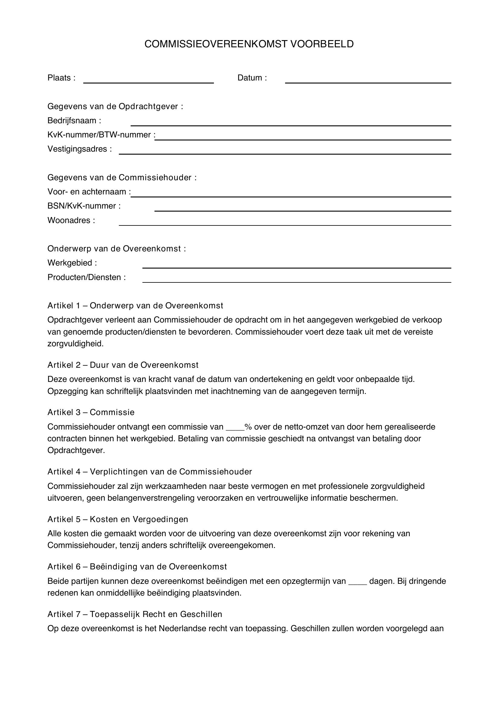 Commissie Overeenkomst Voorbeeld