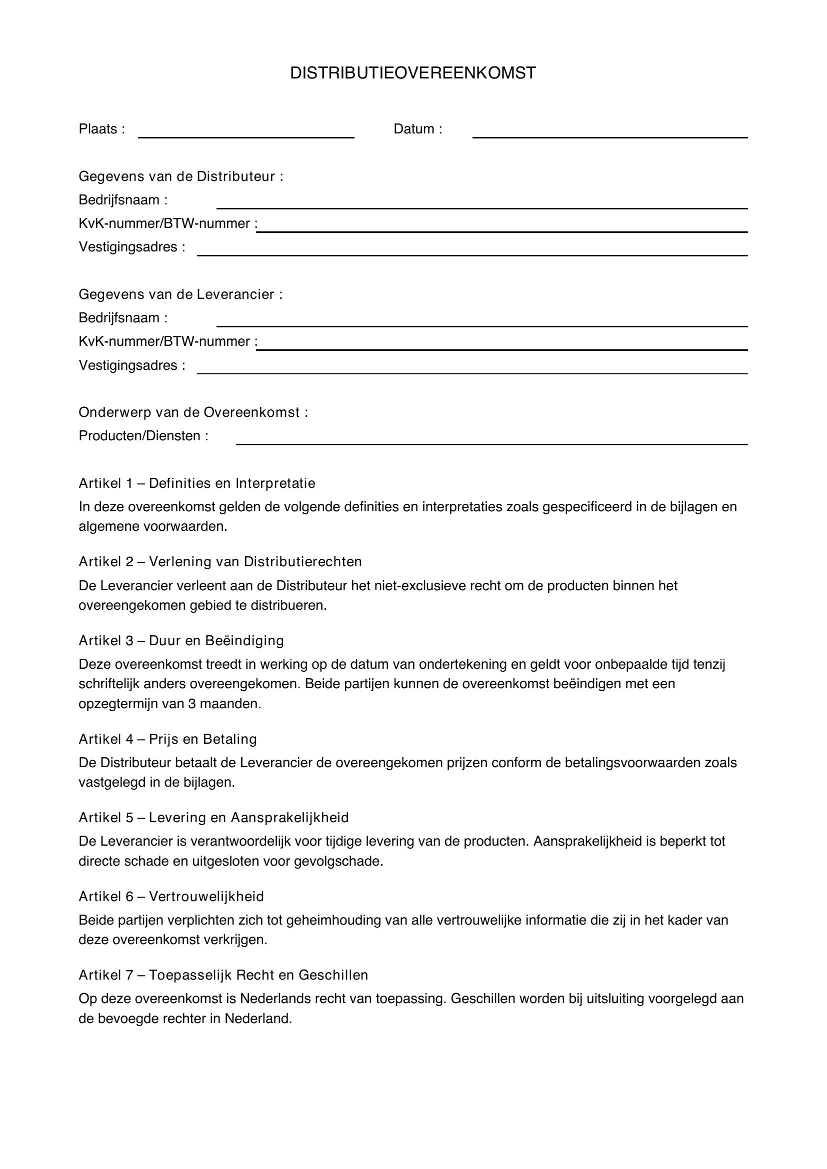 Distributieovereenkomst Voorbeeld