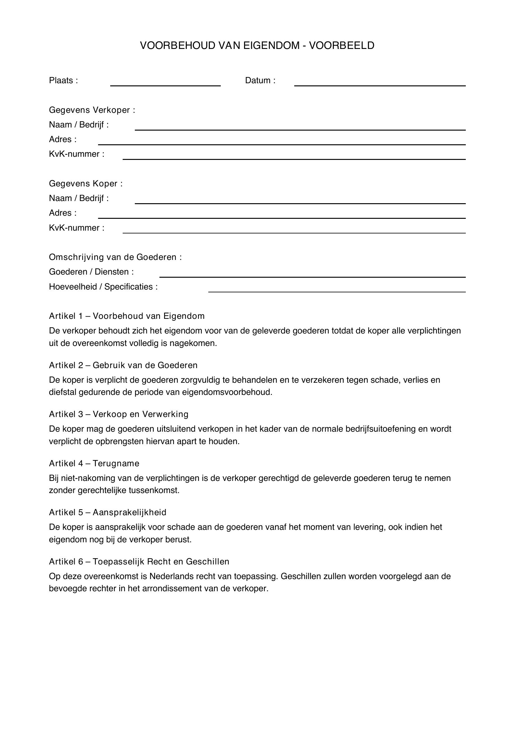 Eigendomsvoorbehoud Voorbeeld