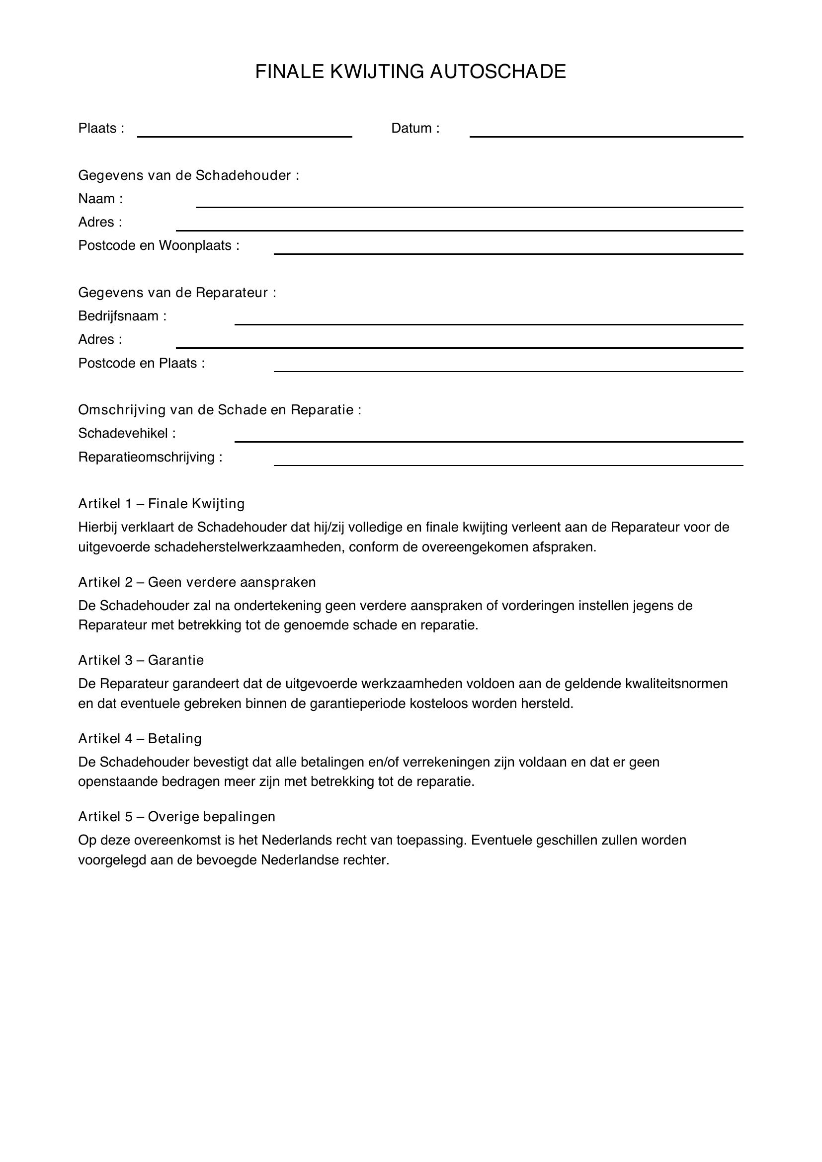 Finale Kwijting Autoschade Voorbeeld