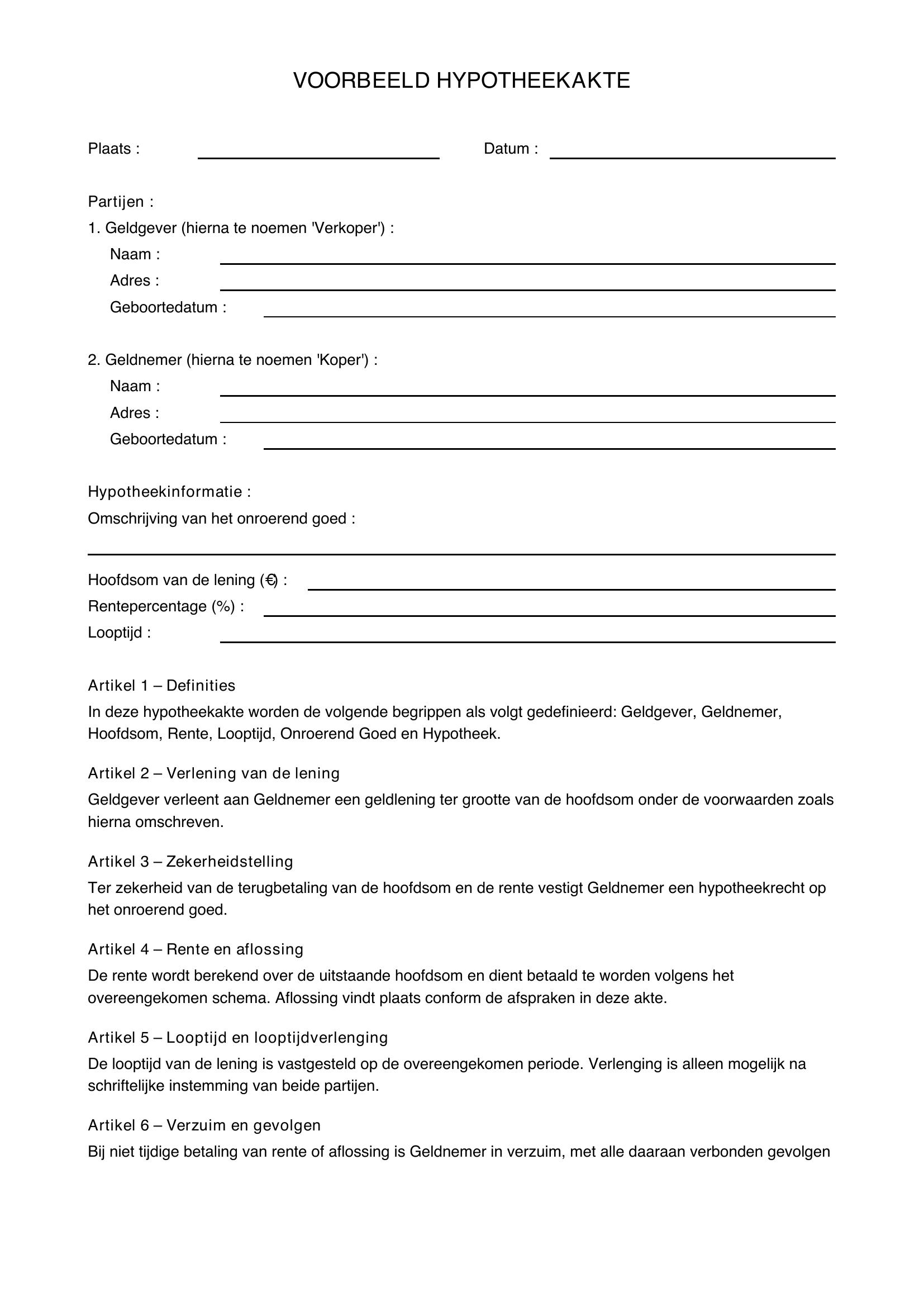 Hypotheekakte Voorbeeld