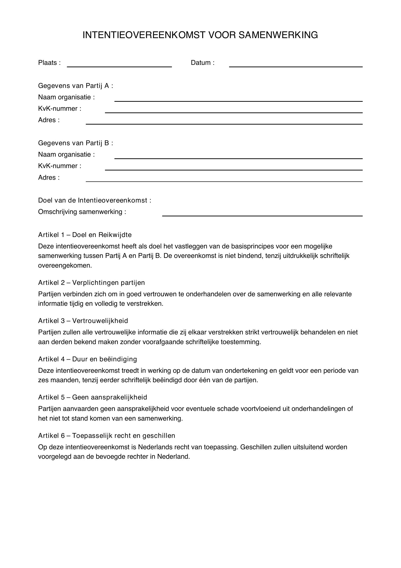 Intentieovereenkomst Voorbeeld