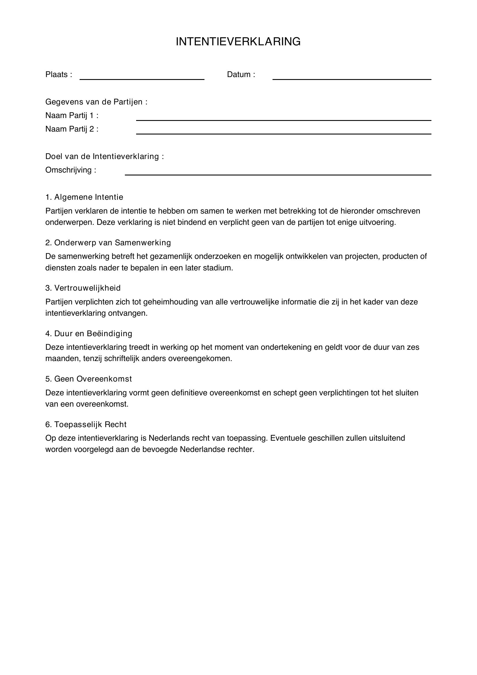 Intentieverklaring Voorbeeld