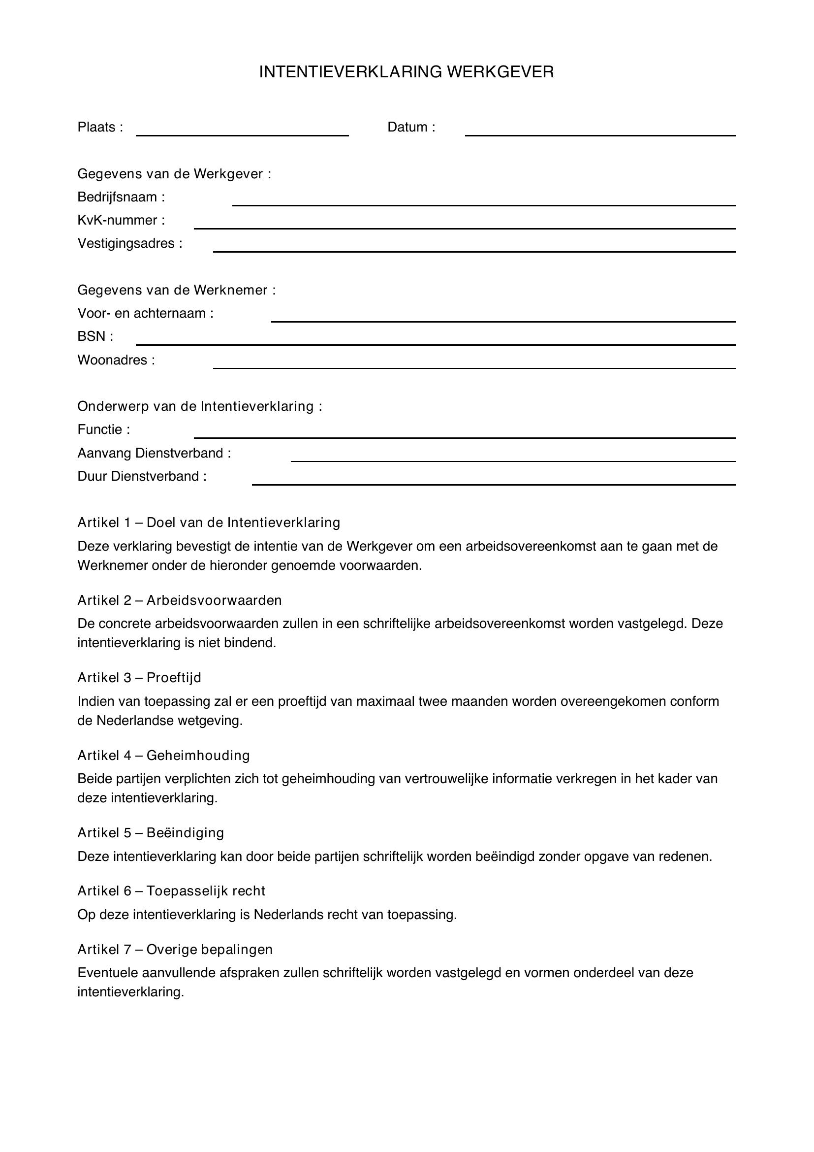 Intentieverklaring Werkgever Voorbeeld