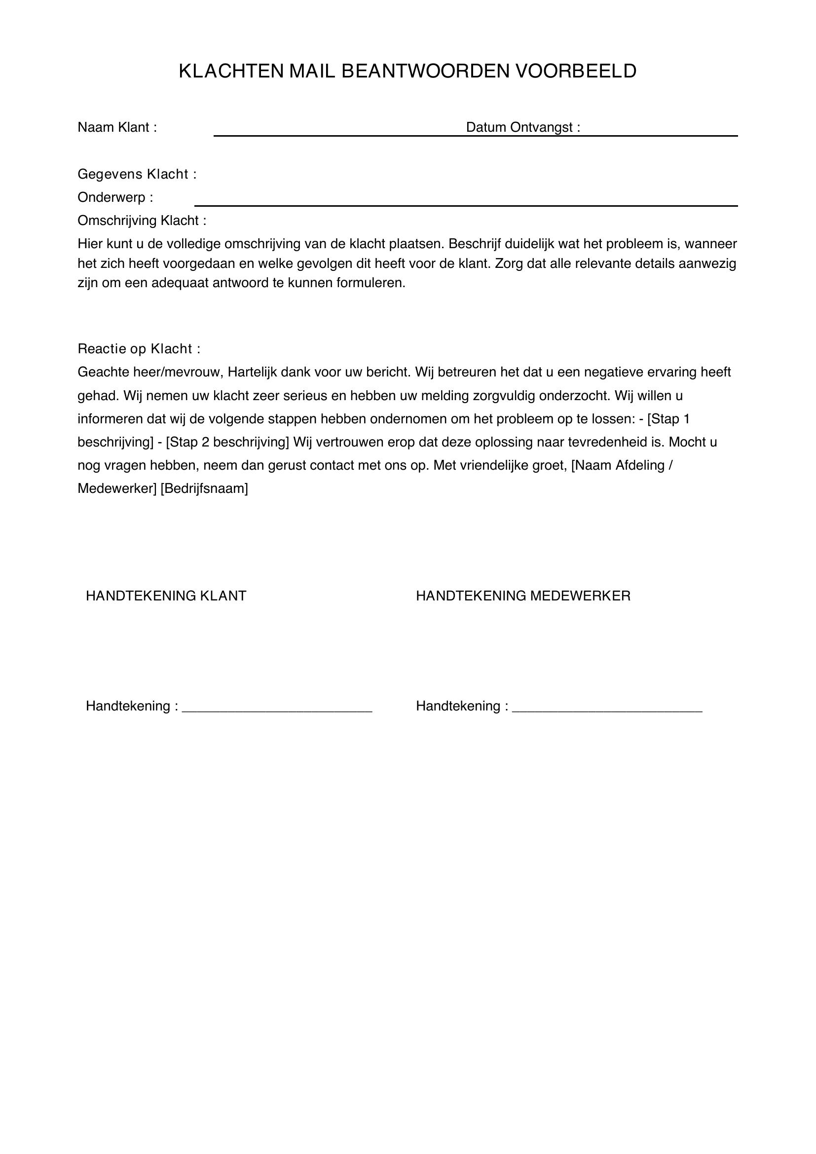 Klachten Mail Beantwoorden Voorbeeld
