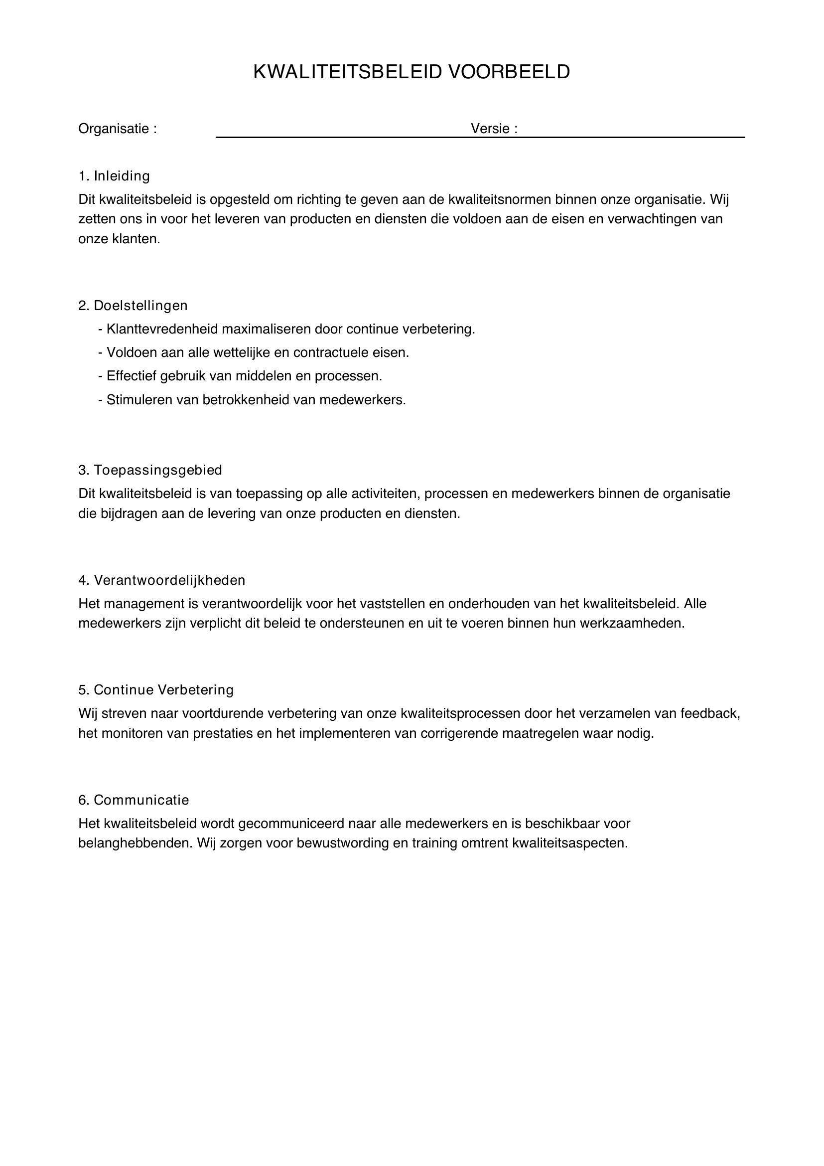 Kwaliteitsbeleid Voorbeeld
