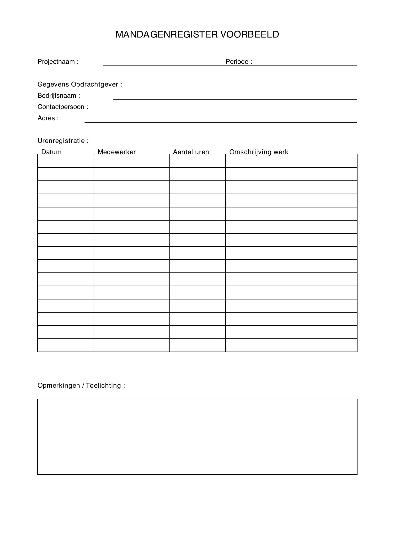Mandagenregister Voorbeeld