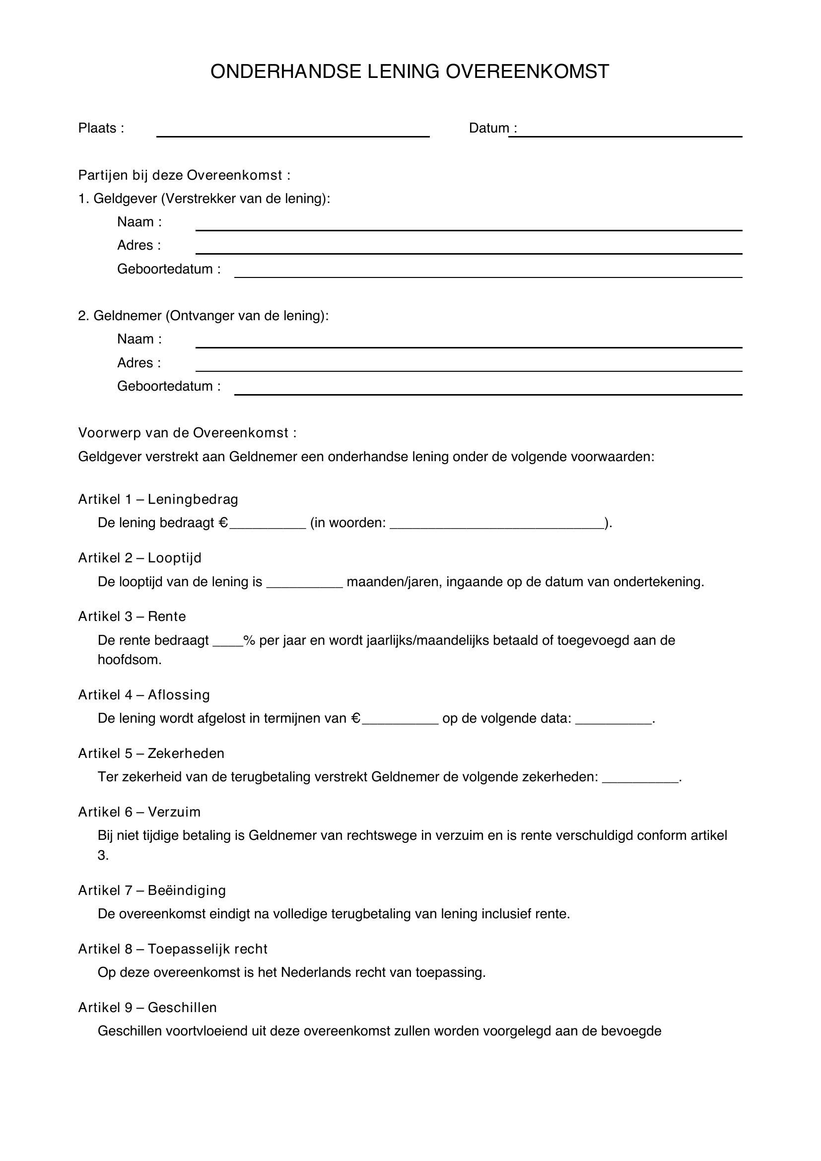 Onderhandse Lening Voorbeeld