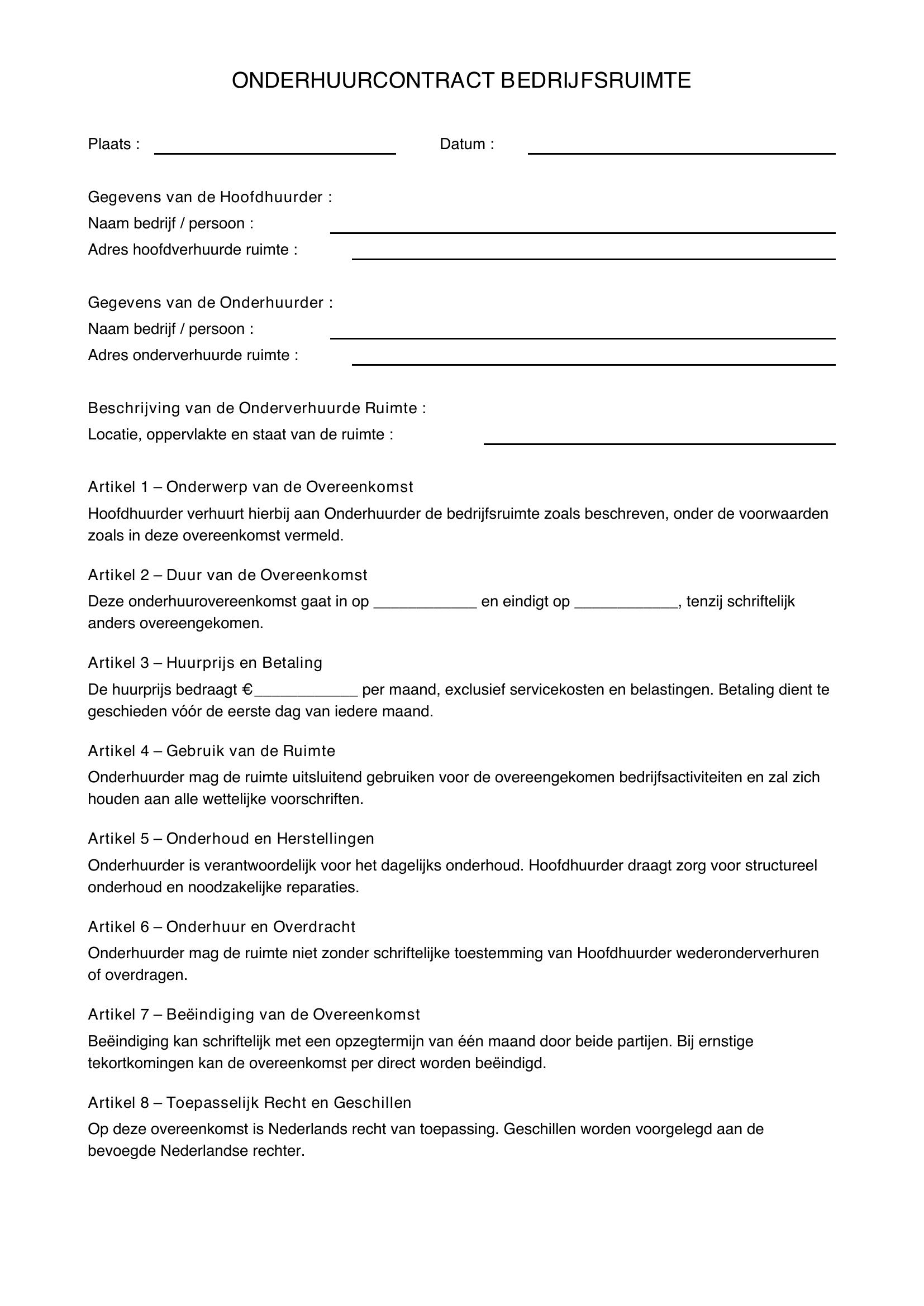 Onderhuurovereenkomst Bedrijfsruimte Voorbeeld