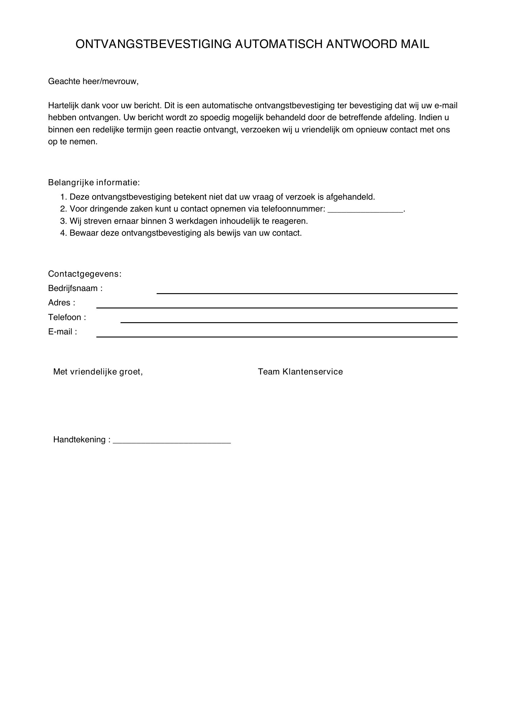 Ontvangstbevestiging Automatisch Antwoord Mail Ontvangen Voorbeeld