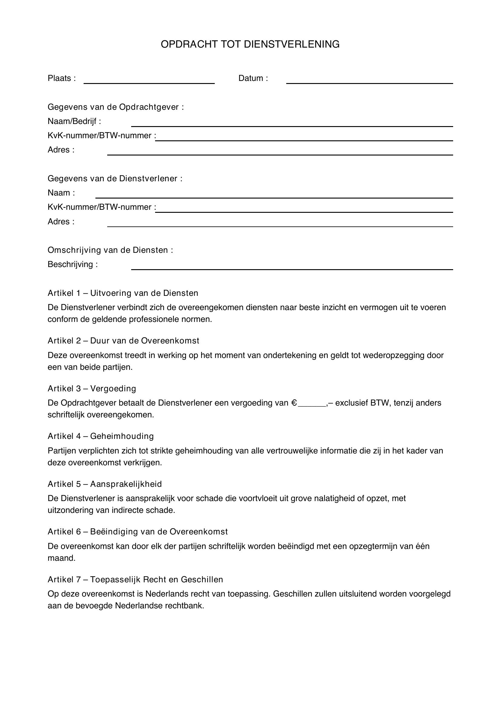 Opdracht Tot Dienstverlening Voorbeeld