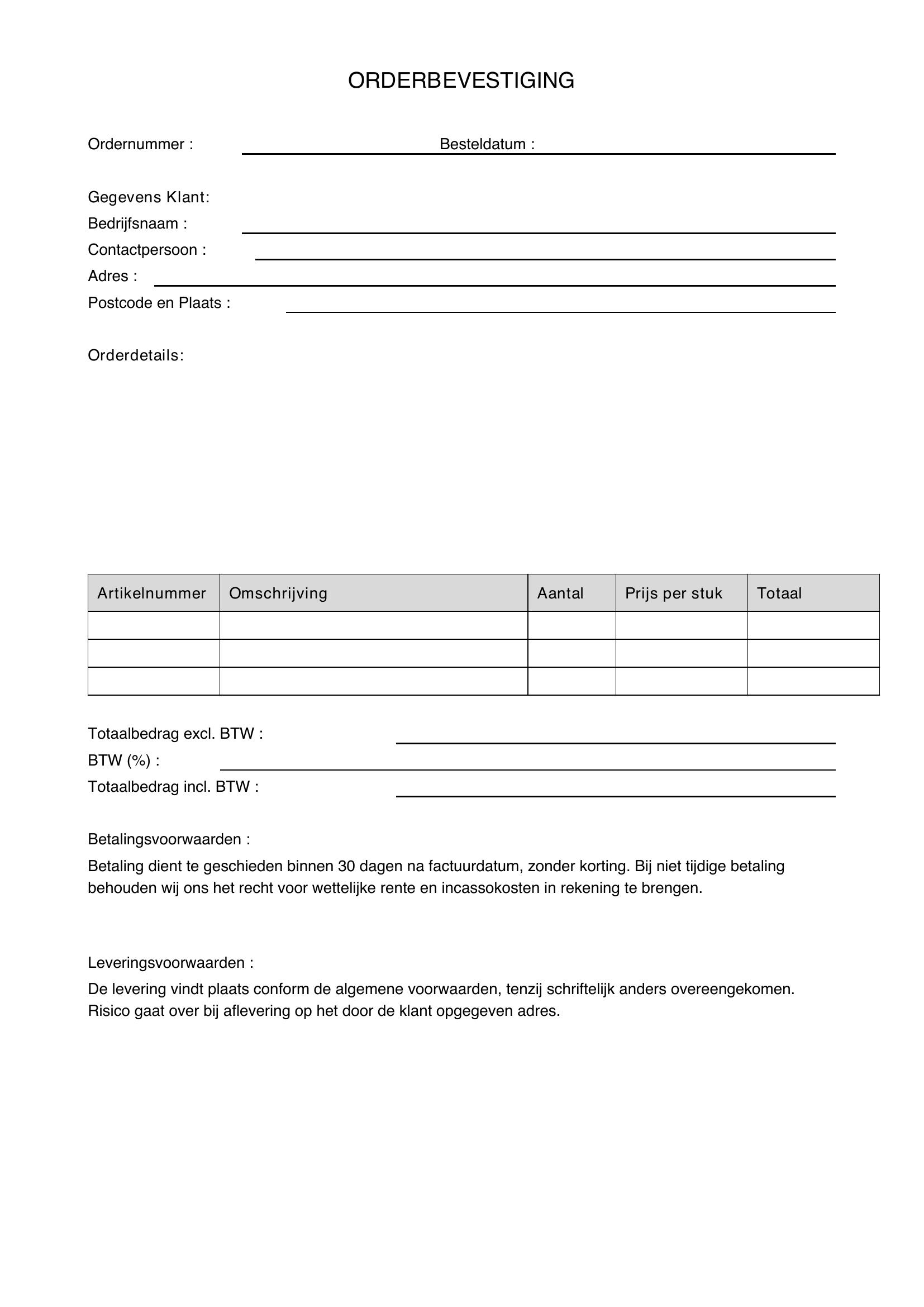 Orderbevestiging Voorbeeld