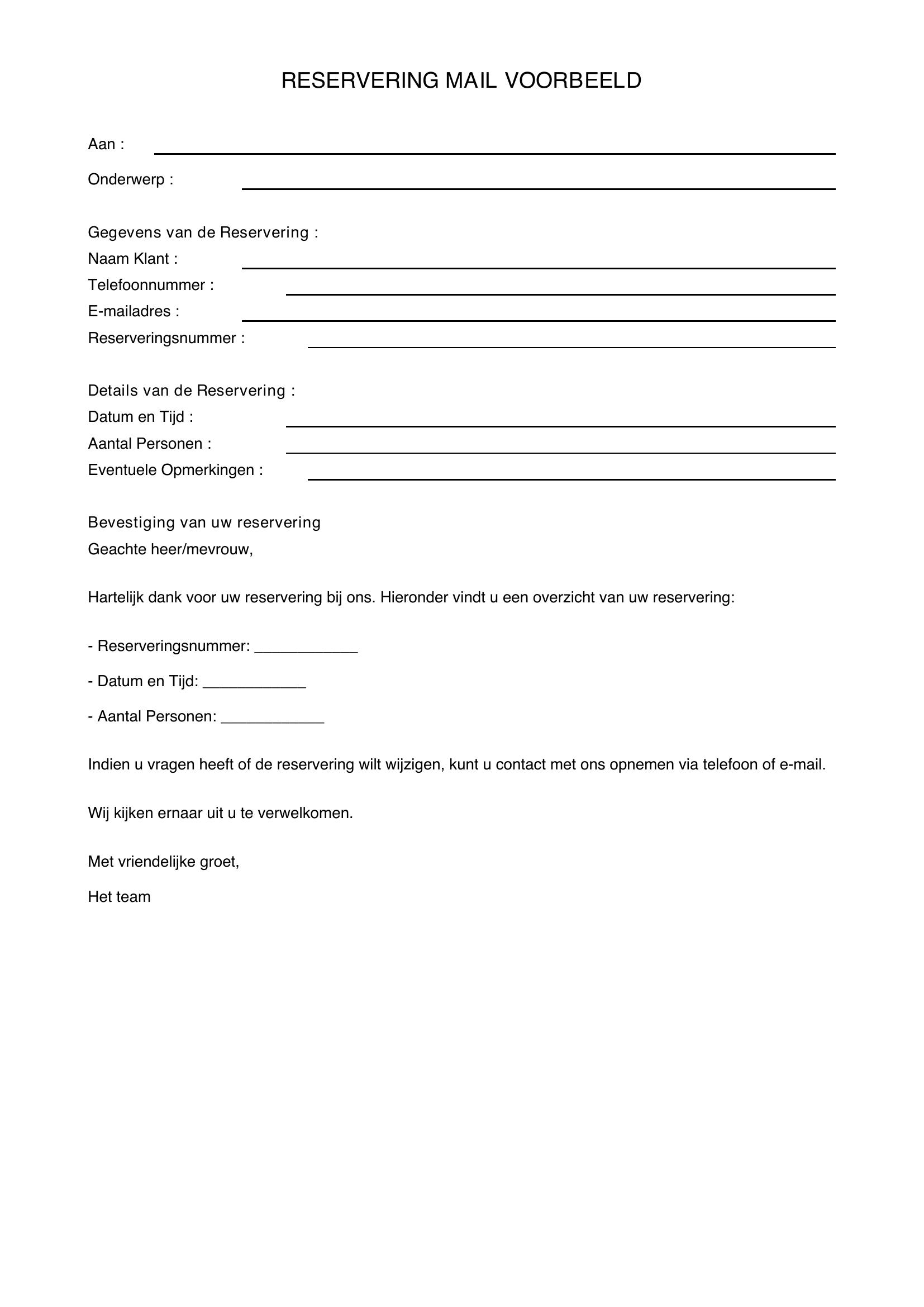Reservering Mail Voorbeeld