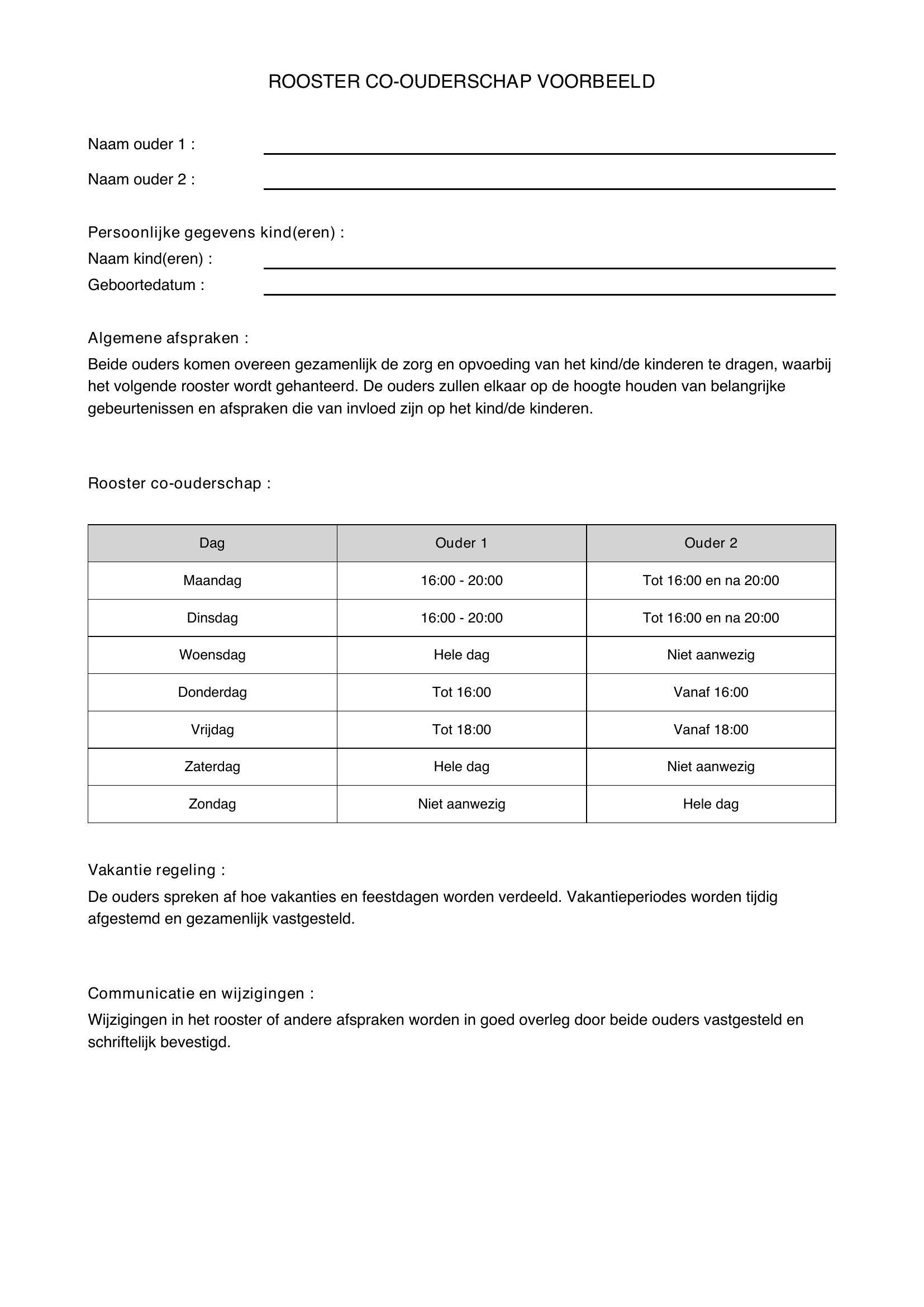 Rooster Co-Ouderschap Voorbeeld