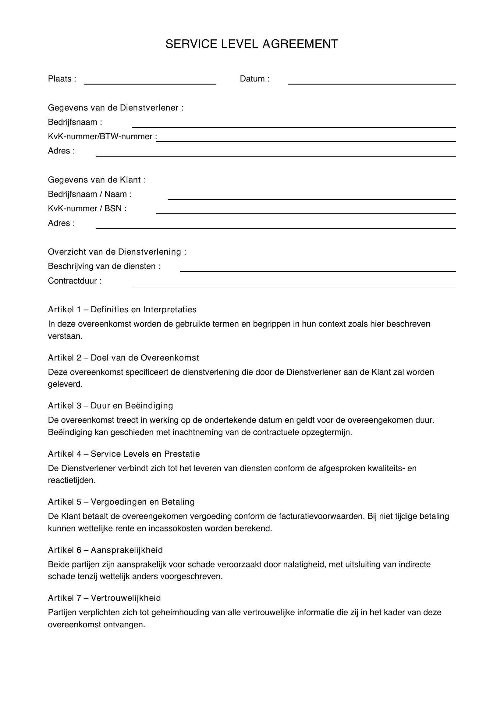 Service Level Agreement Voorbeeld