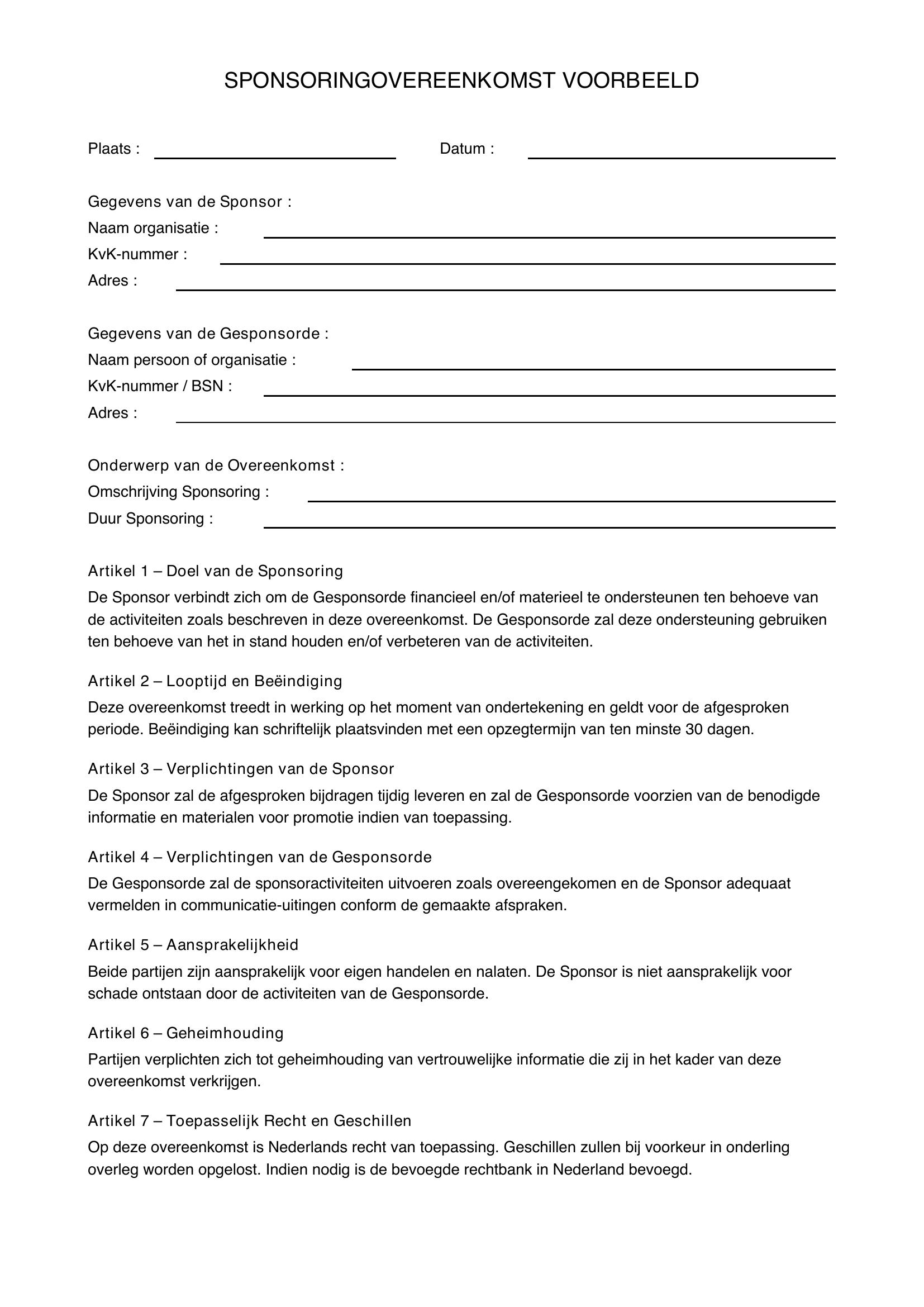 Sponsoring Document Voorbeeld