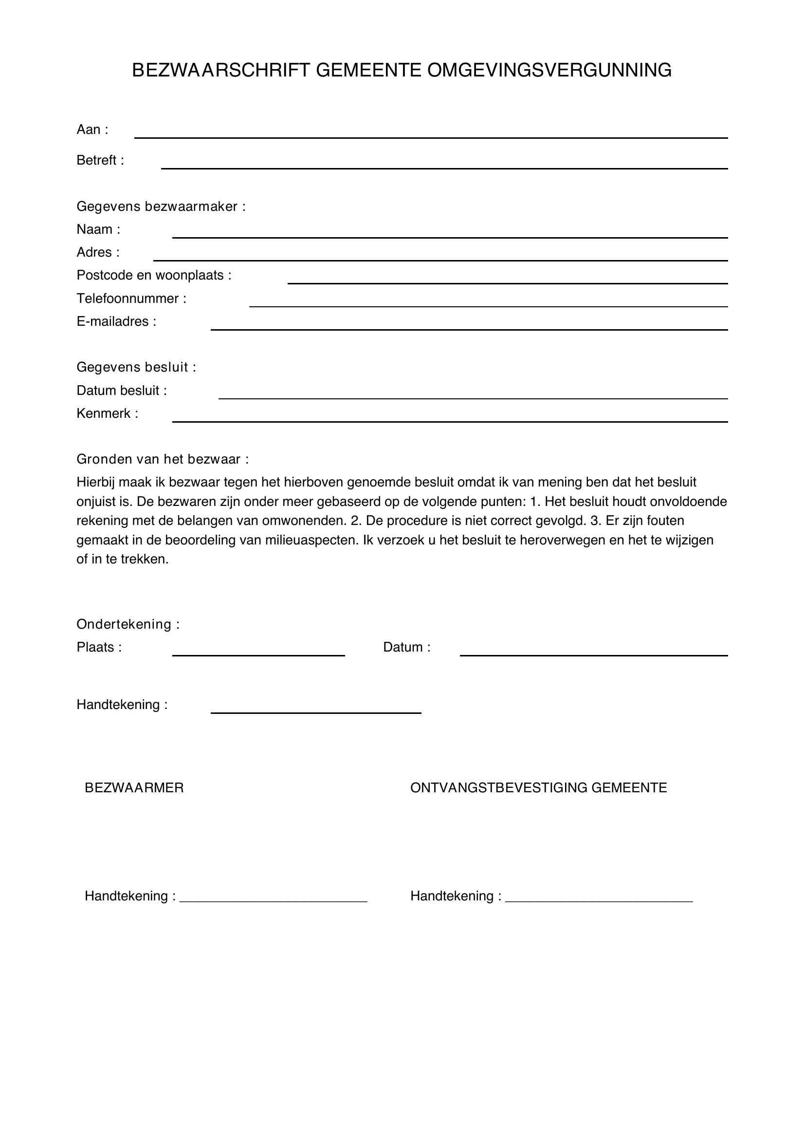 Voorbeeld Bezwaarschrift Gemeente Omgevingsvergunning