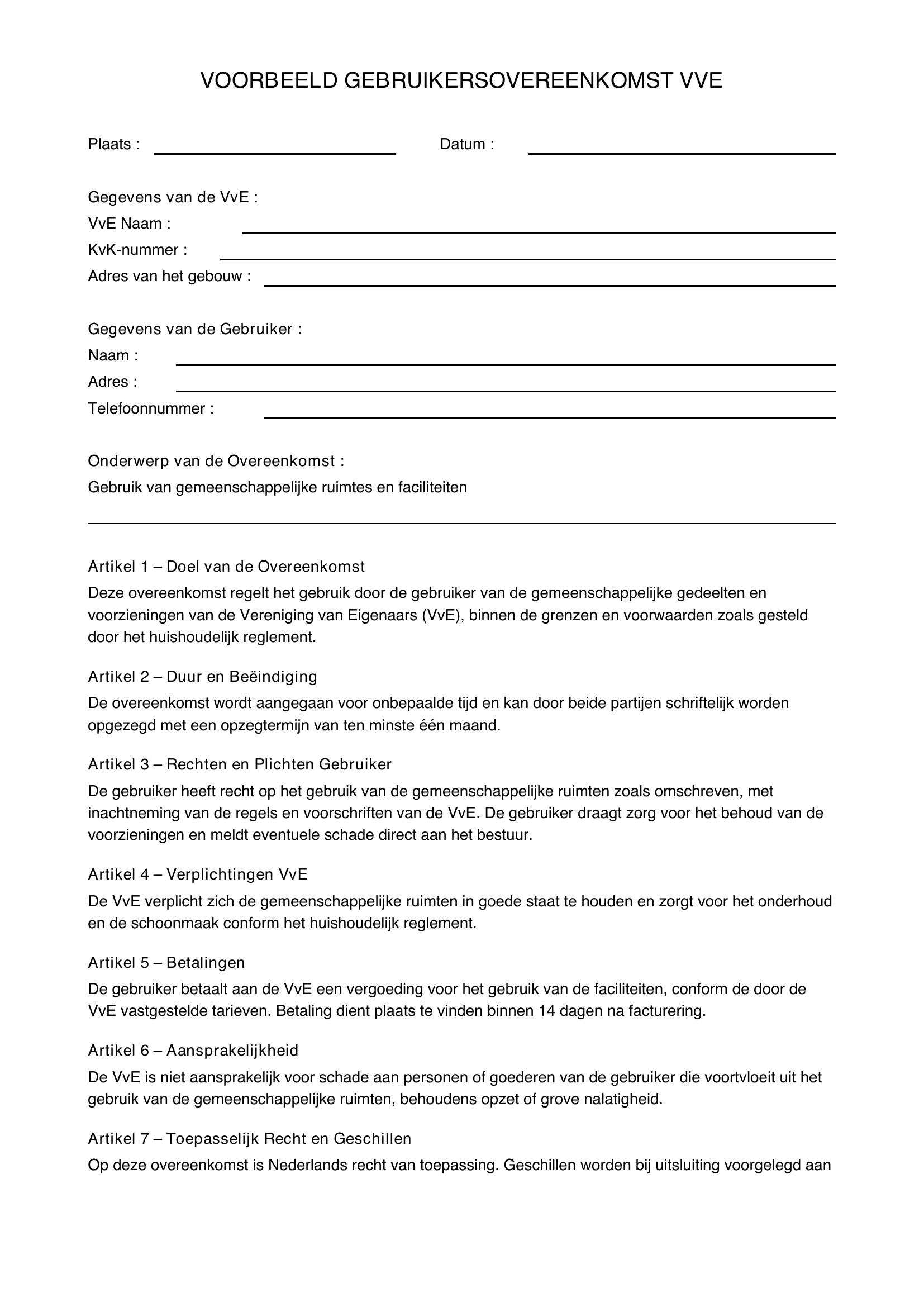 Voorbeeld Gebruikersovereenkomst Vve