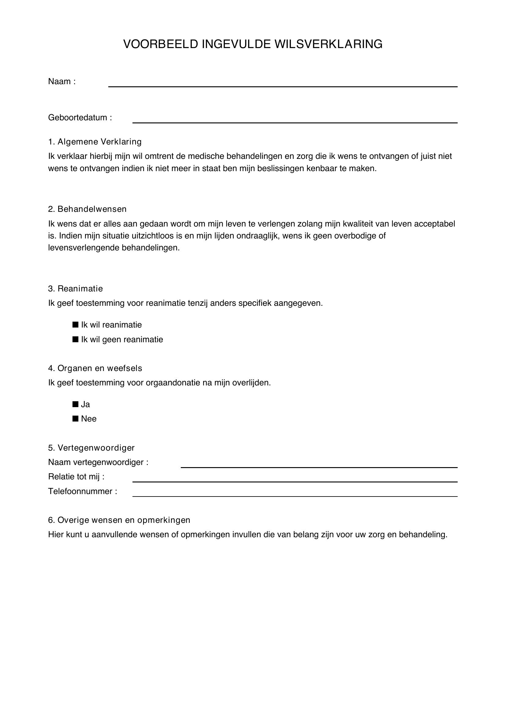Voorbeeld Ingevulde Wilsverklaring