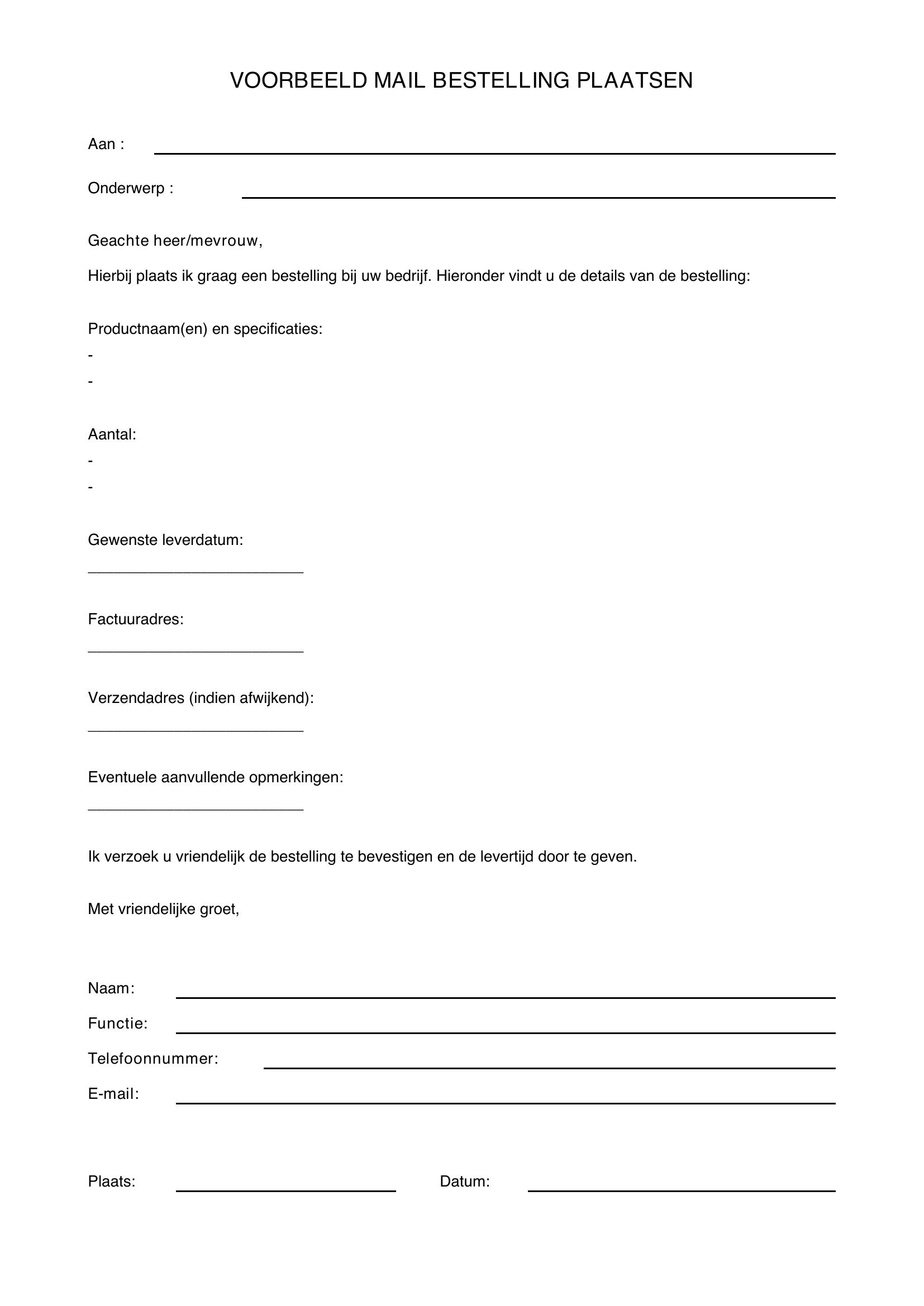 Voorbeeld Mail Bestelling Plaatsen