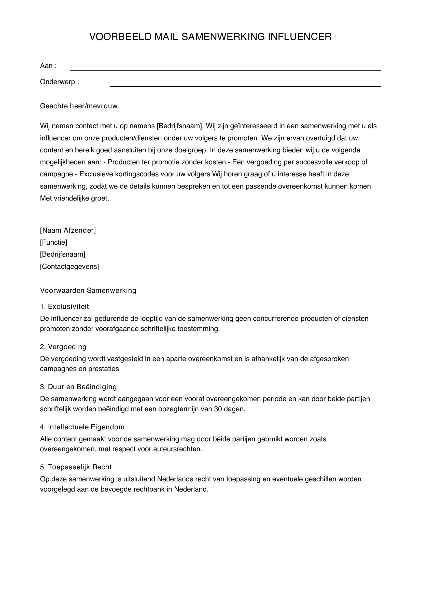Voorbeeld Mail Samenwerking Influencer