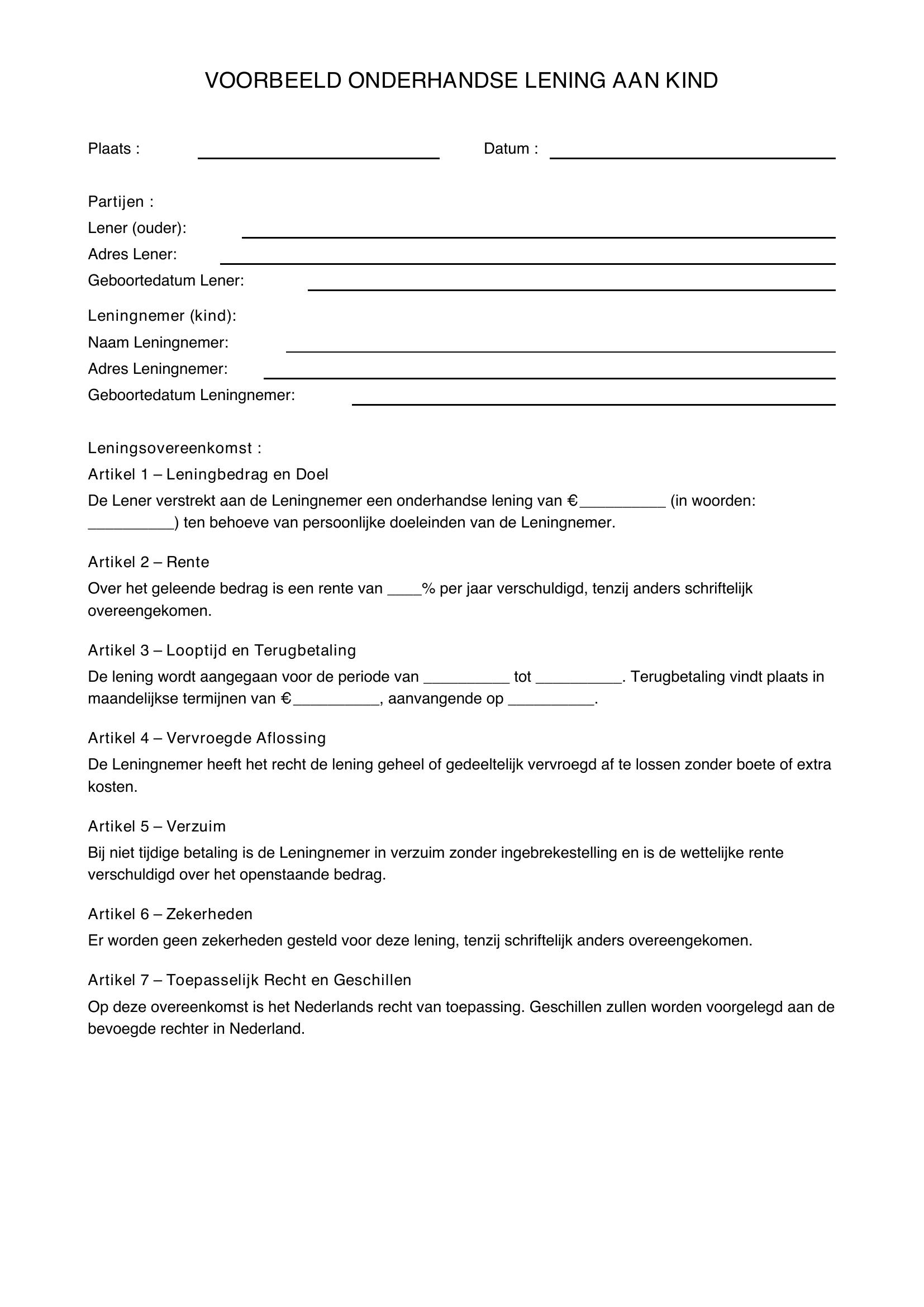 Voorbeeld Onderhandse Lening Aan Kind