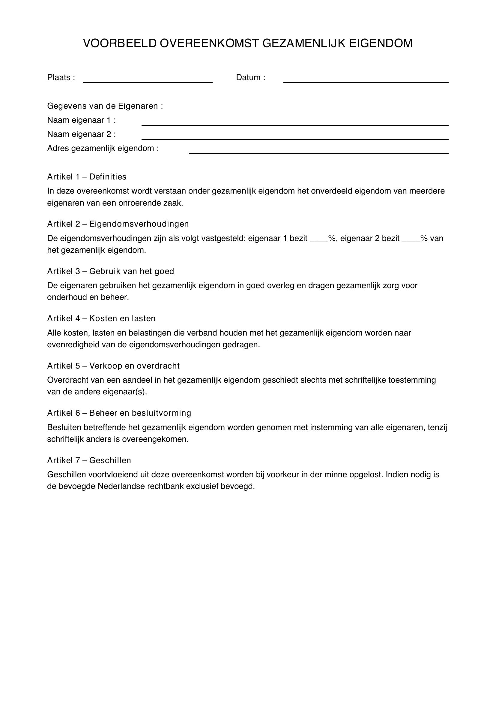 Voorbeeld Overeenkomst Gezamenlijk Eigendom