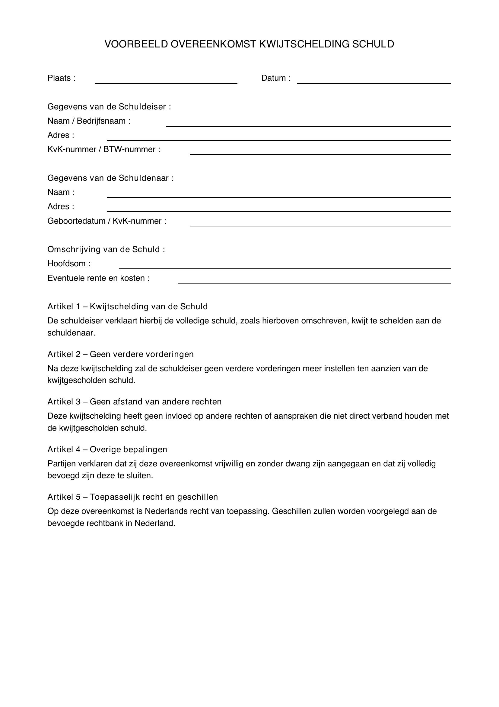 Voorbeeld Overeenkomst Kwijtschelding Schuld