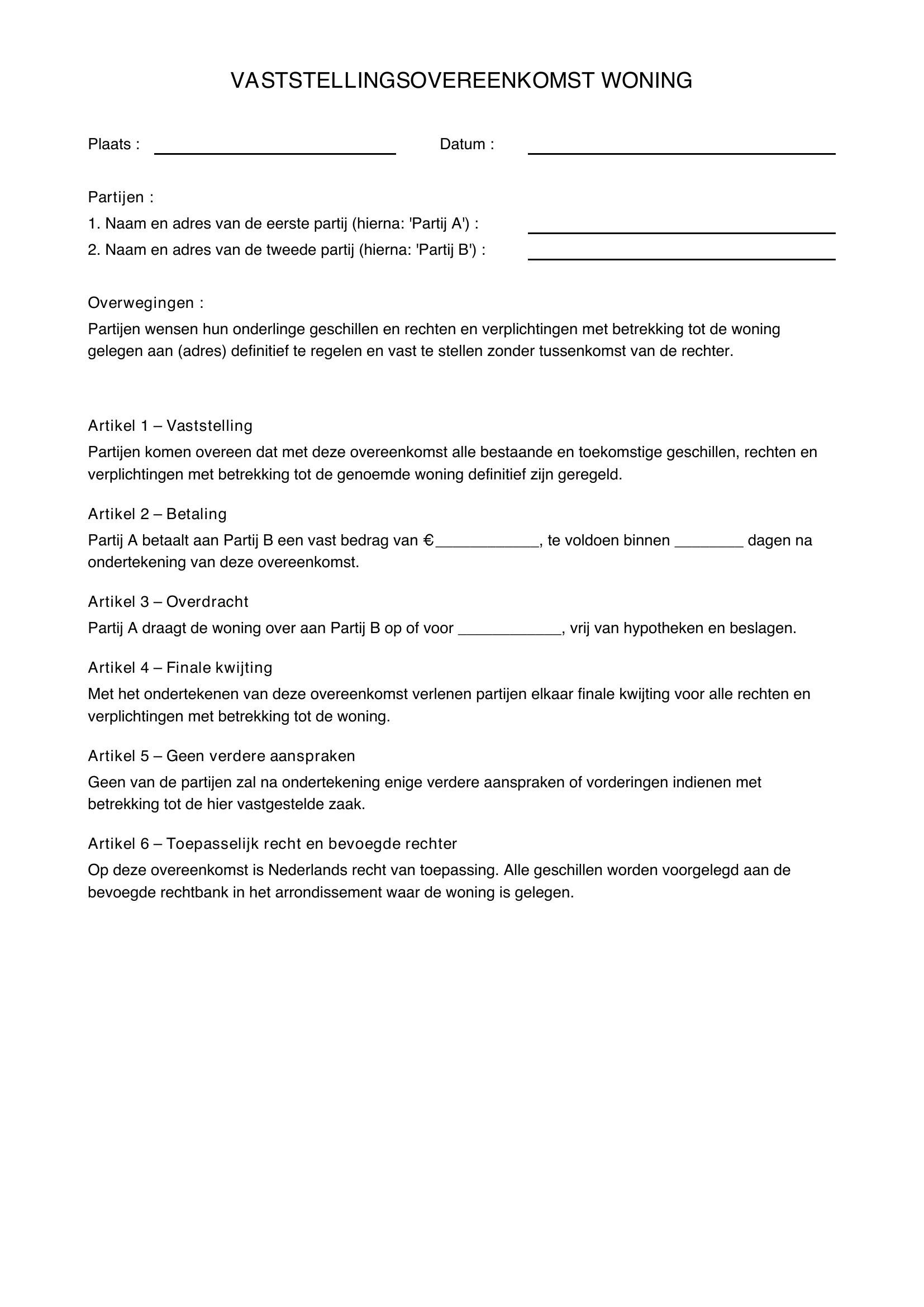 Voorbeeld Vaststellingsovereenkomst Woning