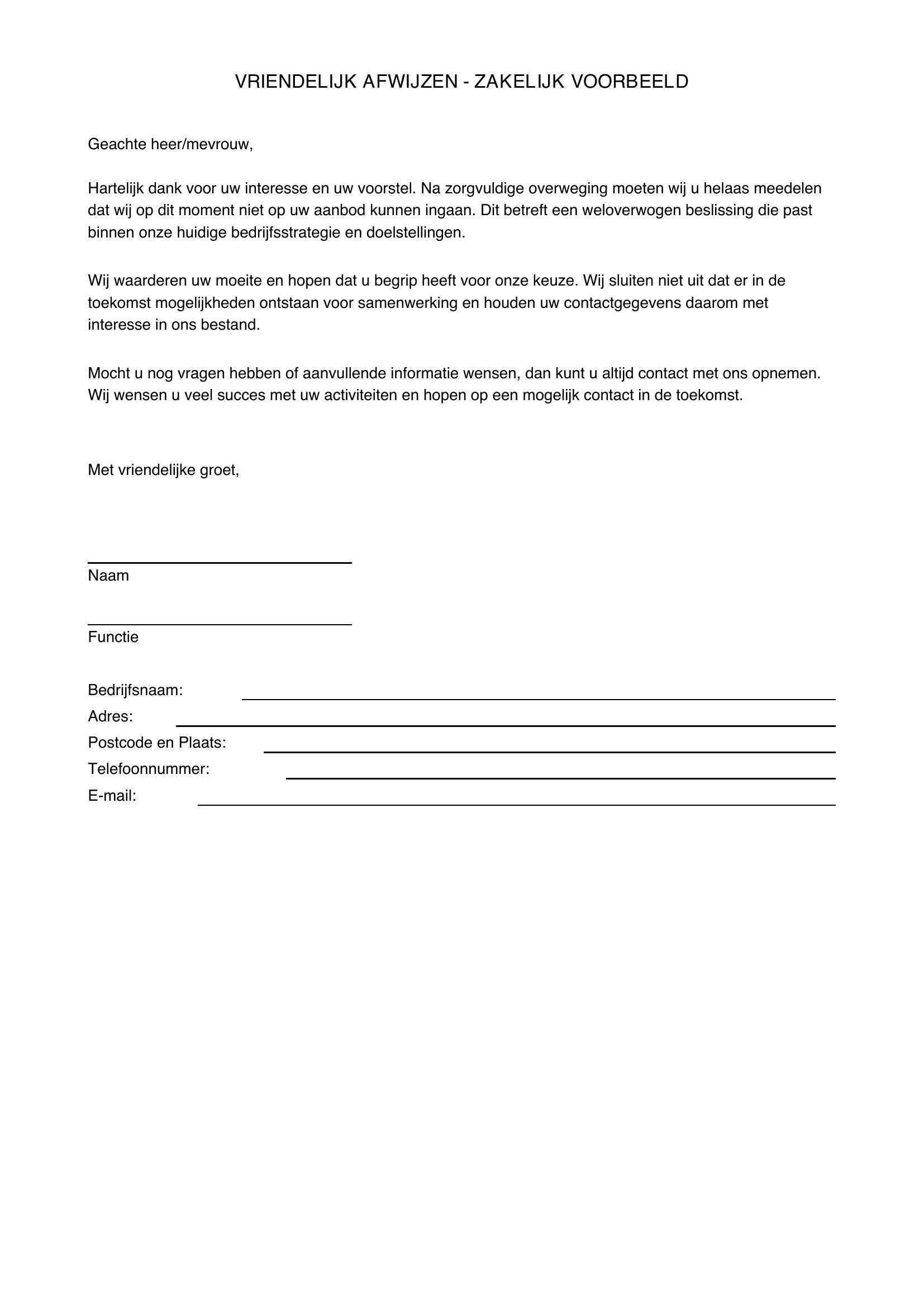 Vriendelijk Afwijzen Zakelijk Voorbeeld