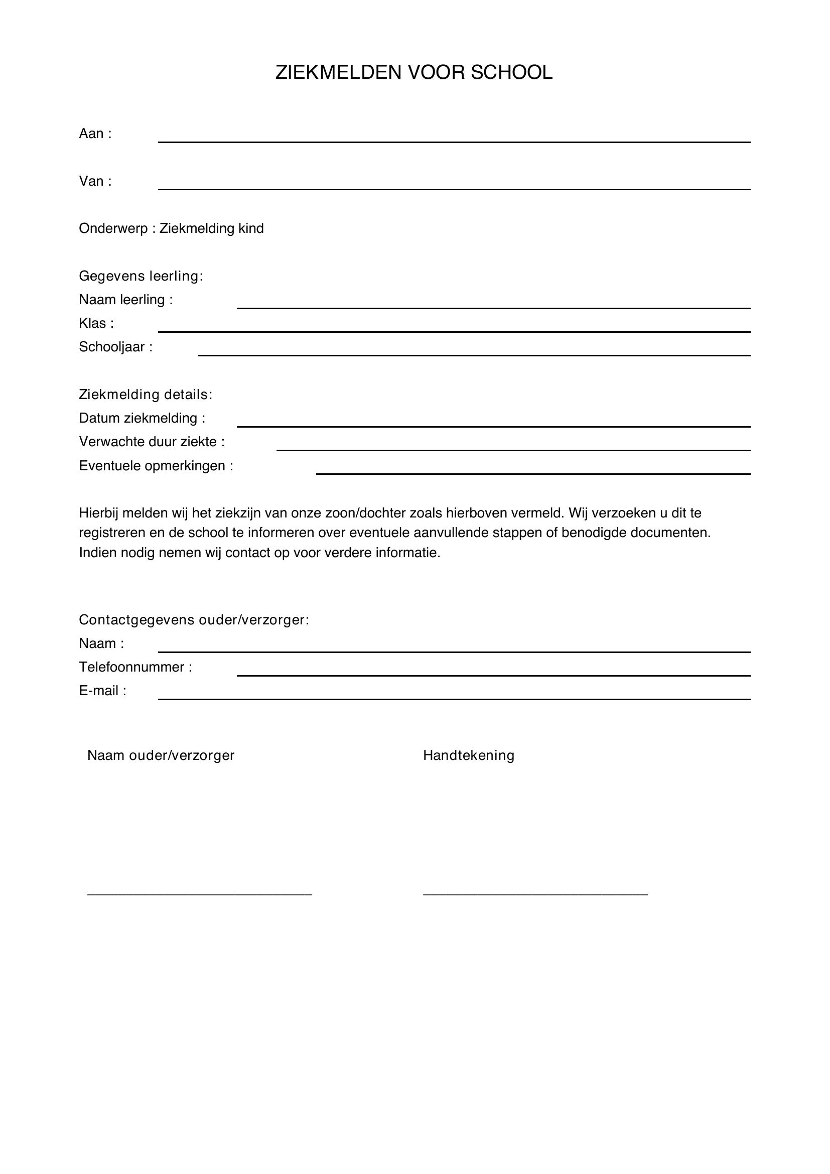 Ziekmelden School Mail Voorbeeld
