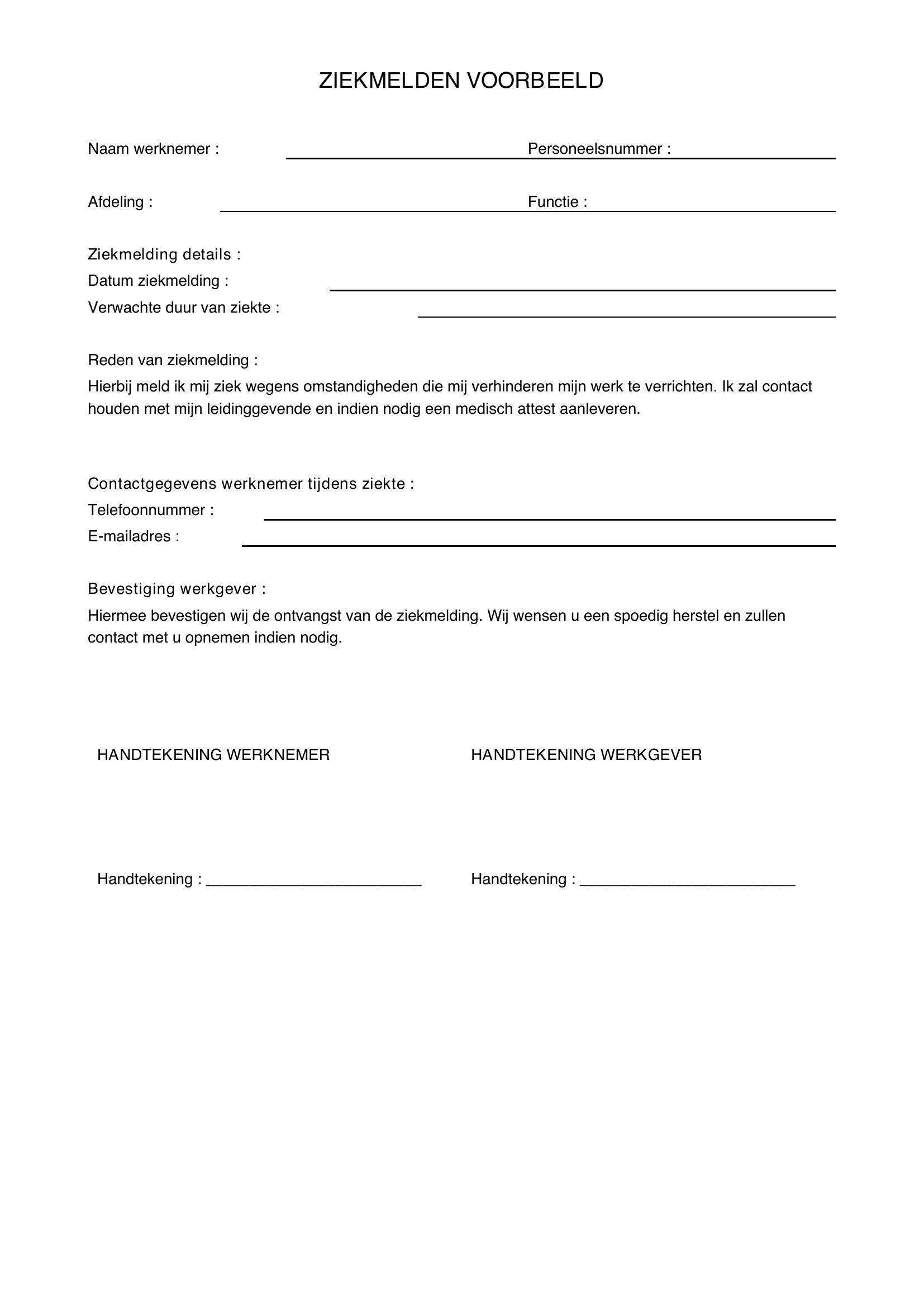 Ziekmelden Voorbeeld